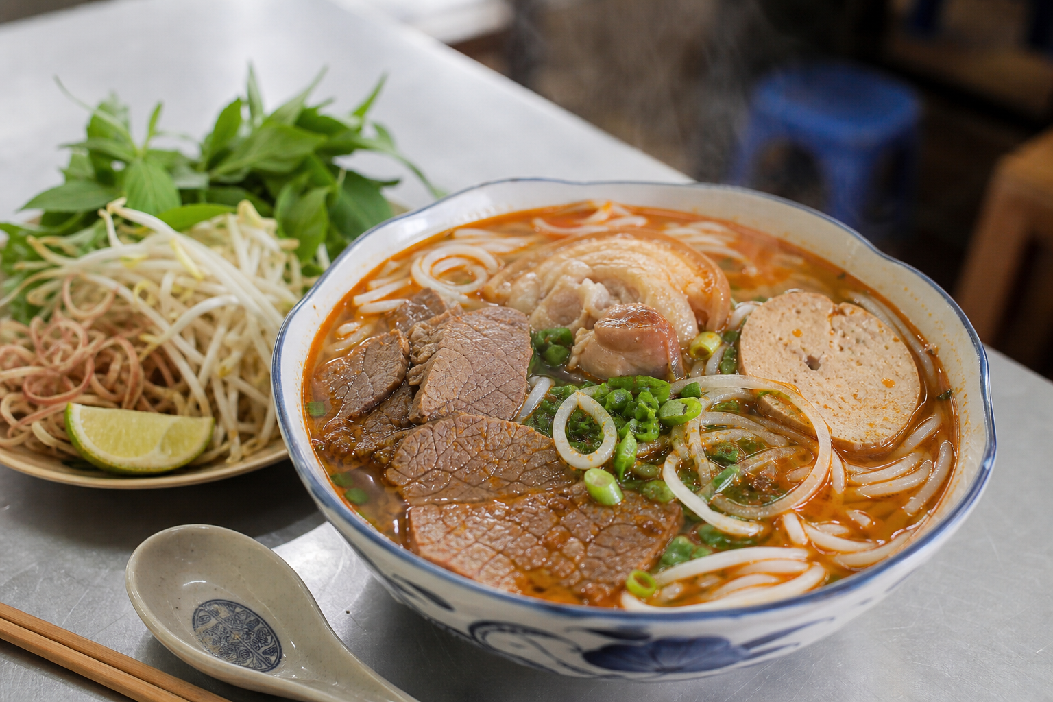 Bol de bún bò Huế avec nouilles de riz épaisses, bœuf, porc, herbes et bouillon rouge parfumé