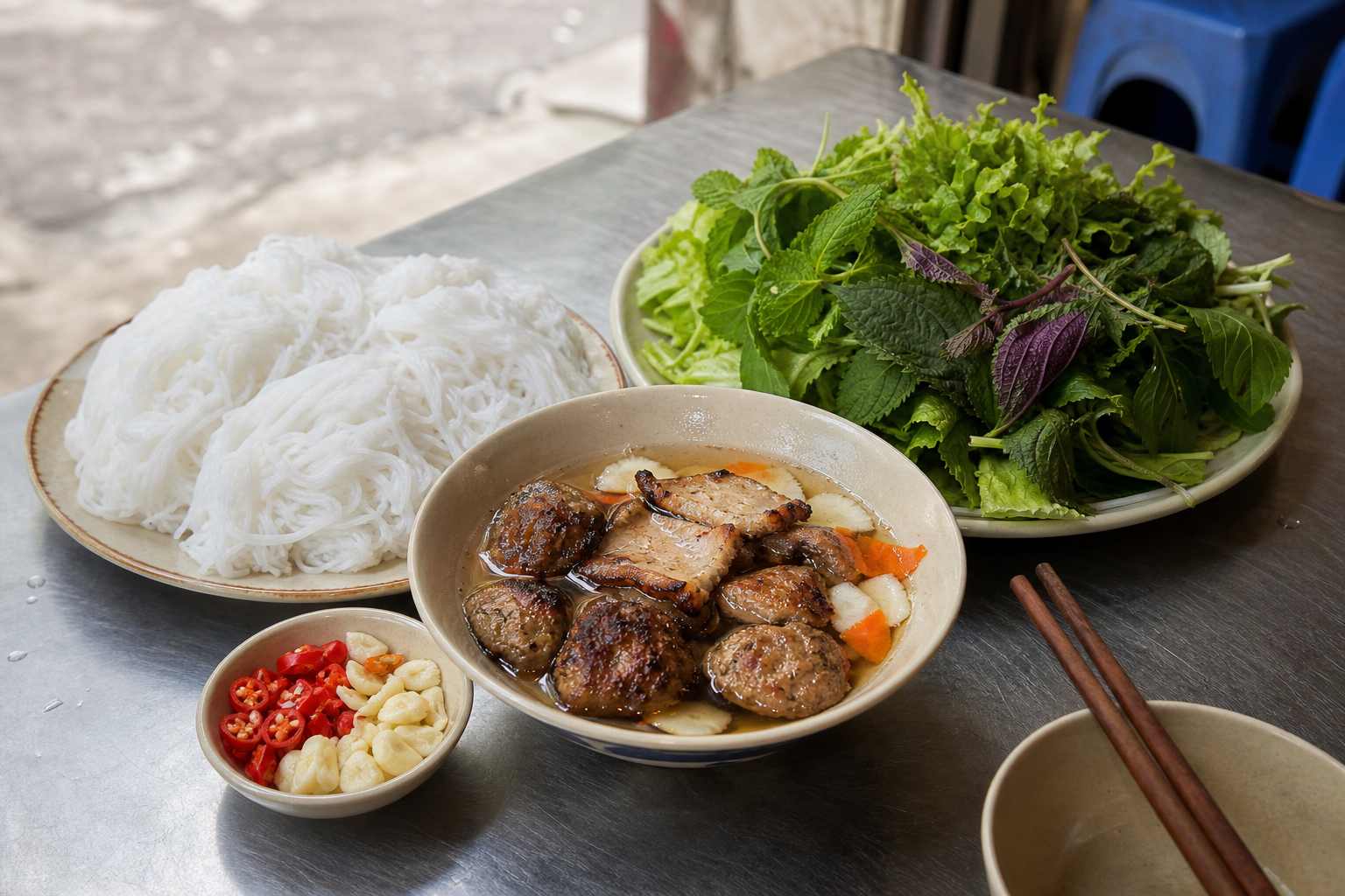 Service de bún chả à Hanoï avec porc grillé dans la sauce, vermicelles de riz et panier d’herbes
