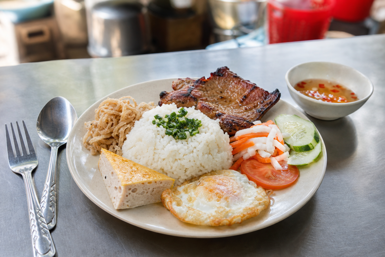 Assiette de cơm tấm avec riz brisé, côte de porc grillée, bì, chả, œuf au plat et condiments