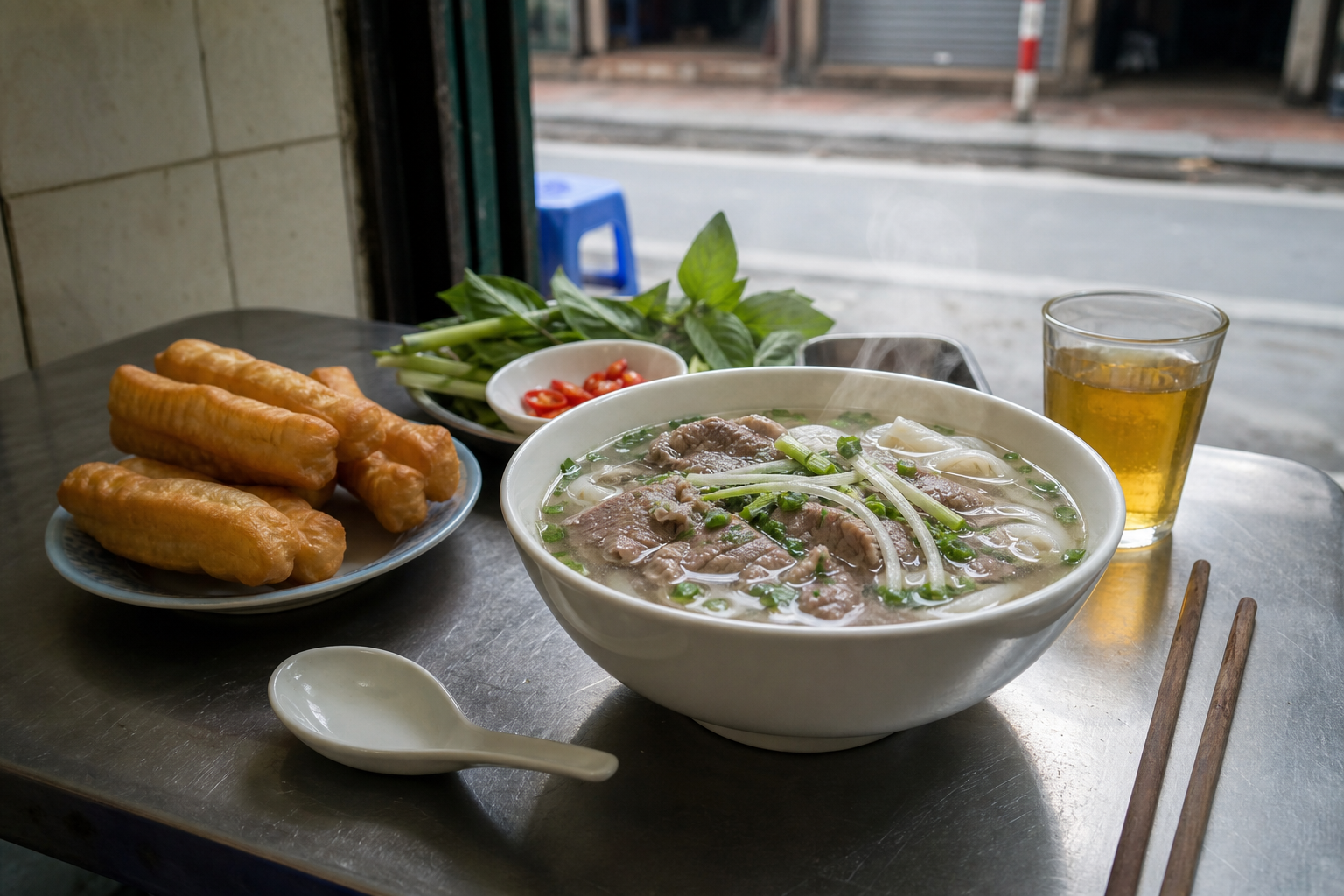 Table de petit-déjeuner hanoïenne avec phở, quẩy, thé, herbes et condiments