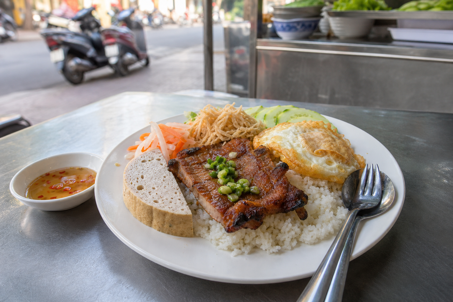 Petit-déjeuner de cơm tấm servi dans une rue de Hô Chi Minh-Ville