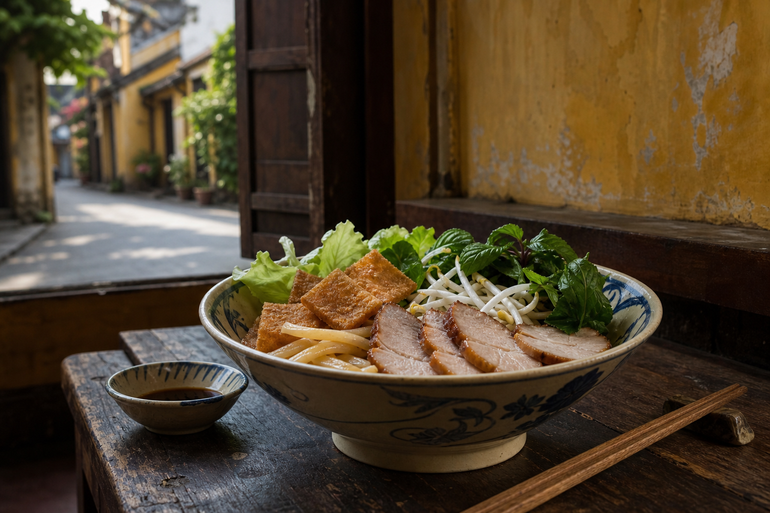 Bol de cao lầu presque sec avec porc rôti, herbes, pousses et carrés croustillants