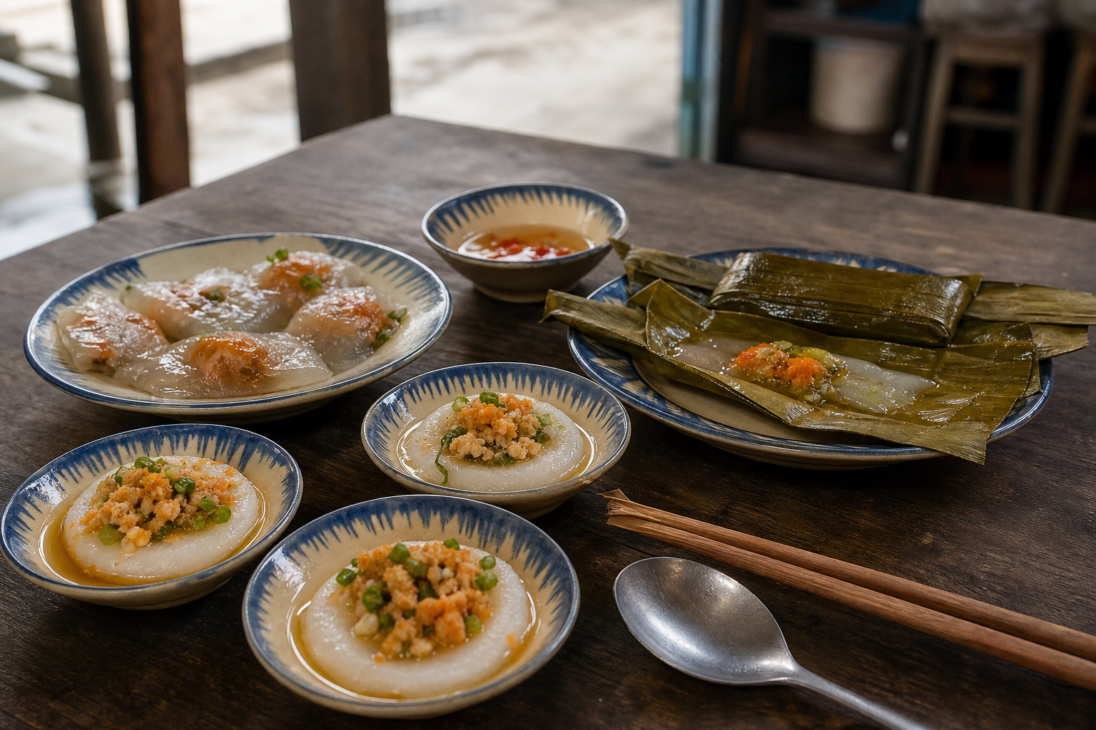 Petites assiettes de Huế avec bánh bèo, bánh nậm en feuille et bouchées translucides