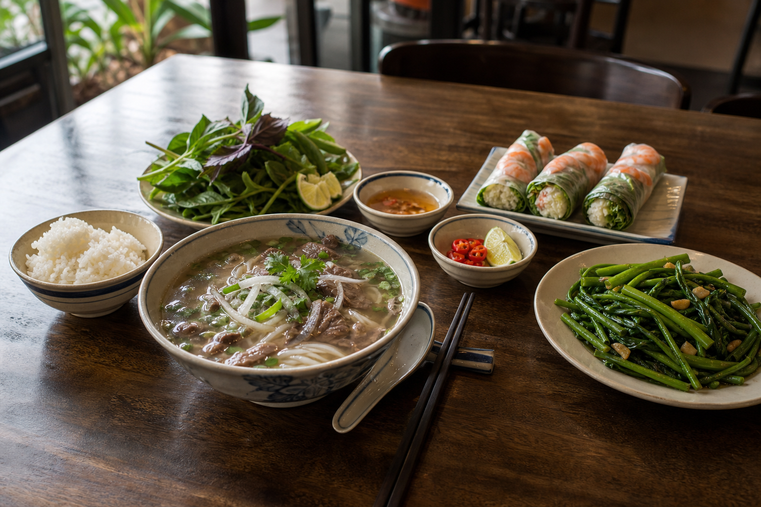 Table vietnamienne variée avec soupe de nouilles, riz, herbes, rouleaux et condiments