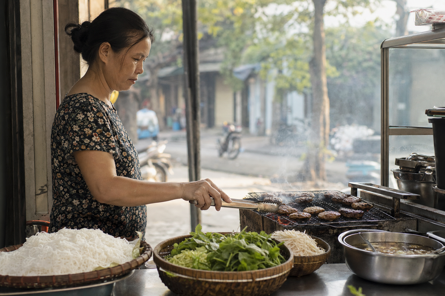 Préparation active d’un plat vietnamien dans une échoppe ouverte sur la rue
