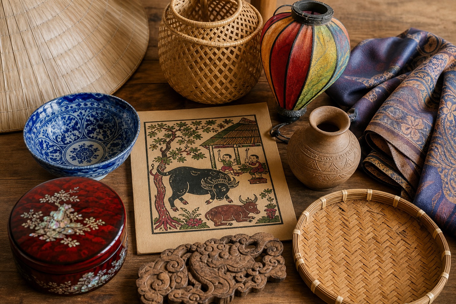 Céramique, soie, lanterne, estampe, laque et vannerie réunies sur une table en bois