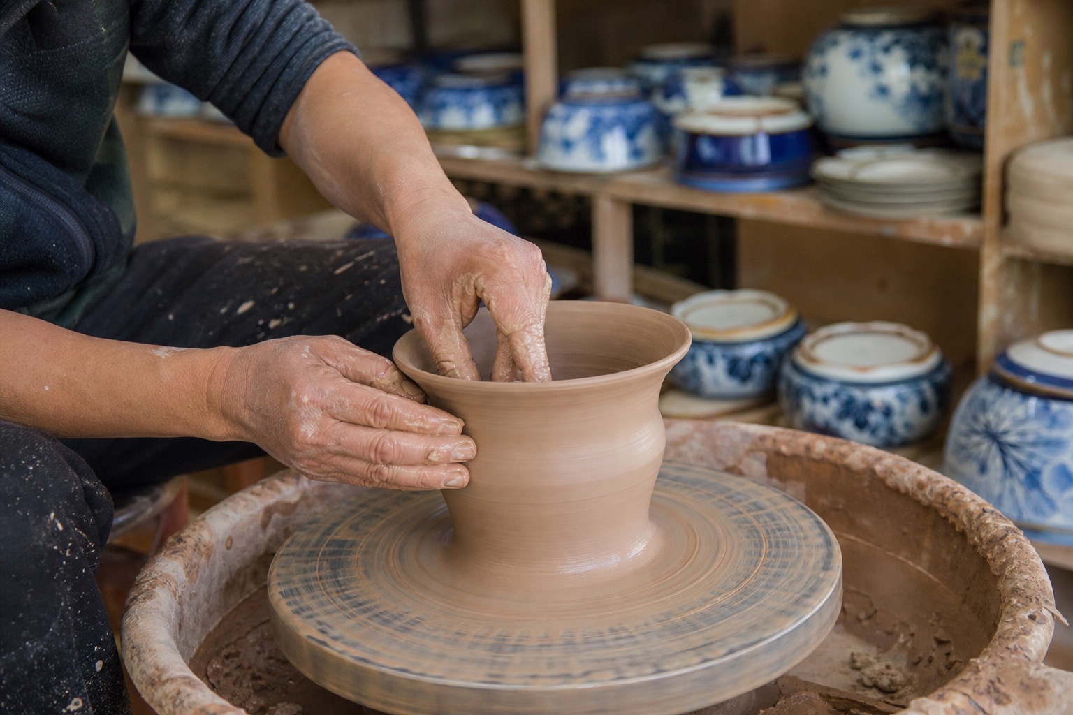 Mains d’une artisane façonnant un vase en argile sur un tour de potier