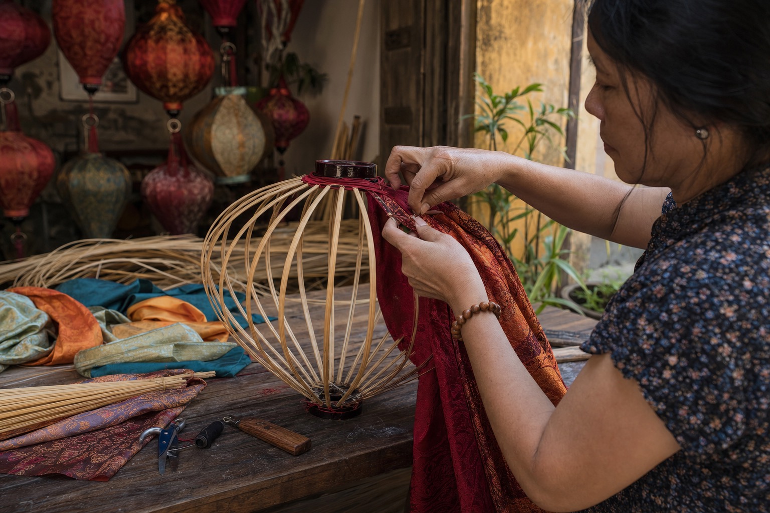 Artisane posant une étoffe rouge sur l’armature en bambou d’une lanterne de Hội An